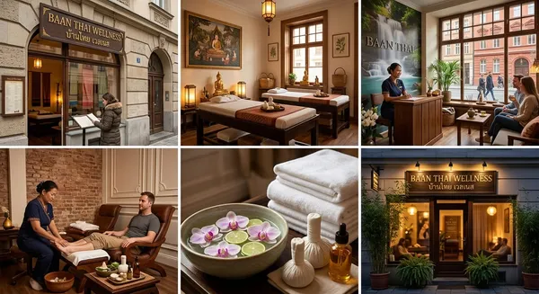 Fotocollage von Baan Thai Wellness — Innenräume, Behandlungen und Ladenfront