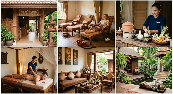 Fotocollage von Lanna Thai Wellness — Räume, Kräuterstempel und Garten